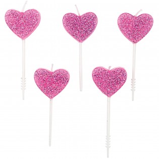 5 bougies coeurs pailletés roses - Rico Design
