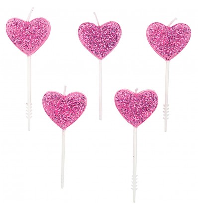 5 bougies coeurs pailletés roses - Rico Design