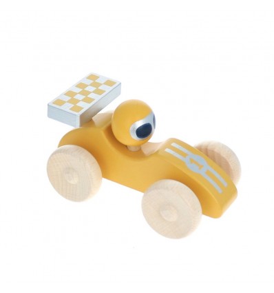Voiture de course en bois jaune