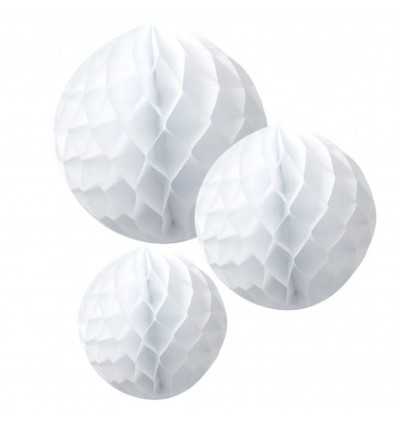 3 boules alvéolées Blanches 25/20/15cm - Artyfêtes